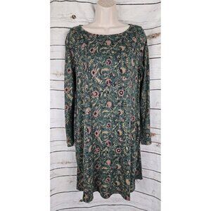 Peruvian Connection Green Floral Knit Dress M Pima Cotton Blend Long Sleeves